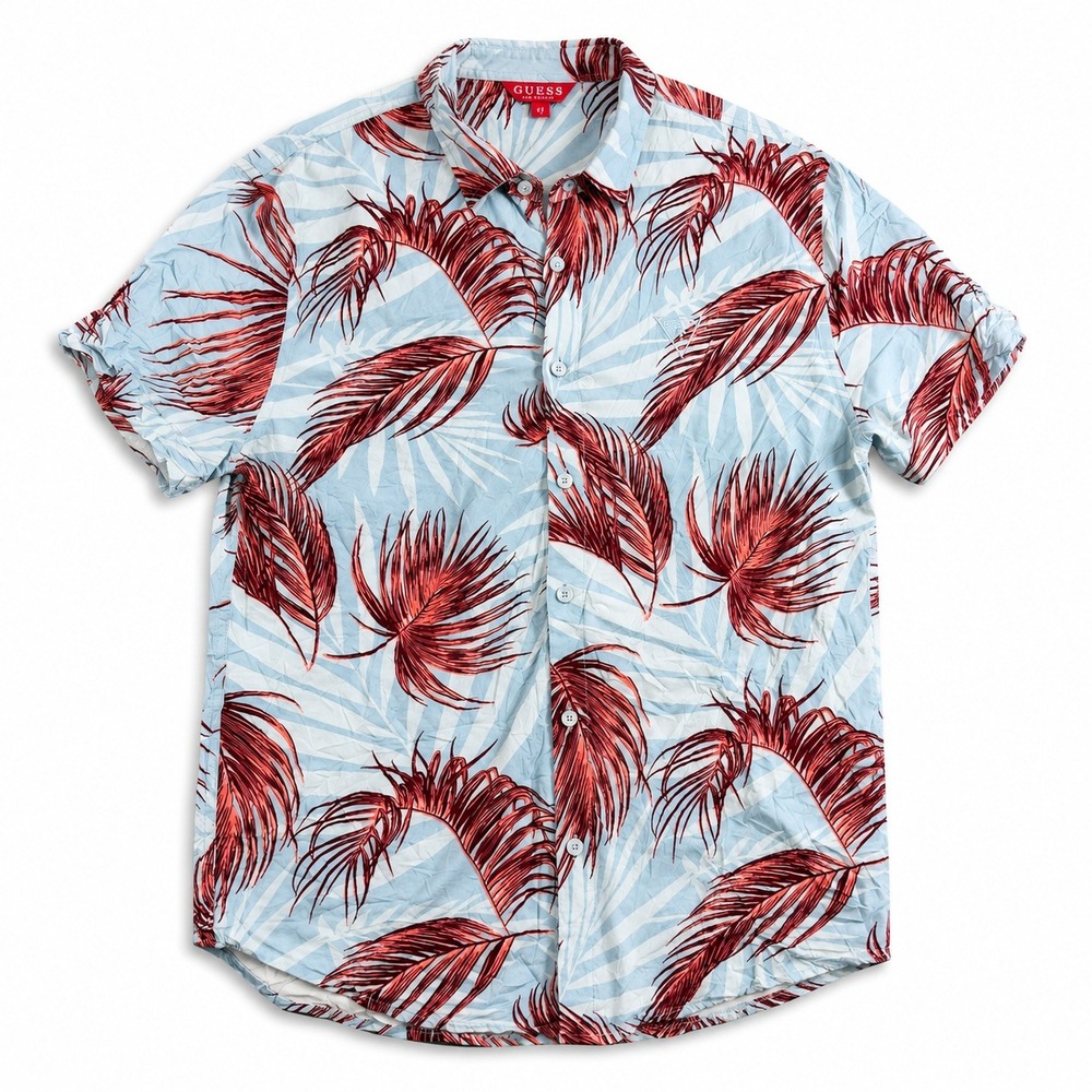 GUESS Los Angeles Tropical Palm Leaf‎ Button Up Shirt Blue Men's Medium